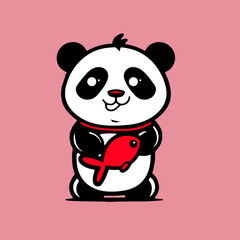 panda bear with a red fish 