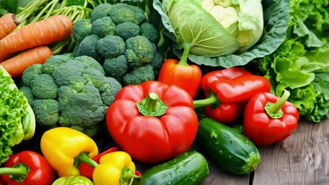 Fresh vegetables broccoli, peppers, carrots, cucumbers, cabbage, lettuce.