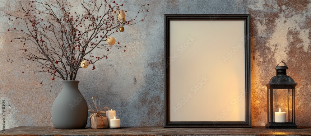 Poster rustic table arrangement featuring a vase with branches decorative lanterns and an empty frame creat