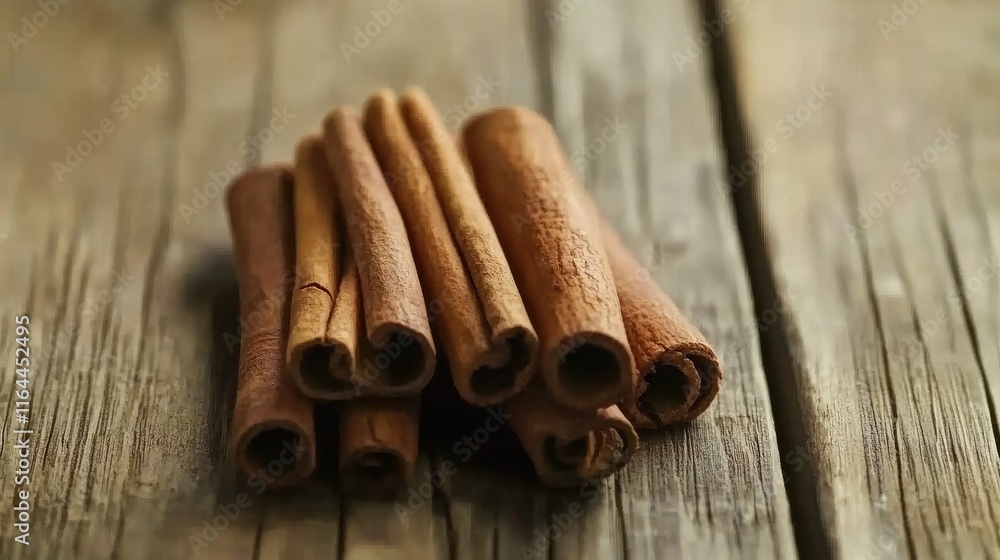 Poster cinnamon sticks stacked on a rustic wooden table showcasing the rich texture and warmth of natural s
