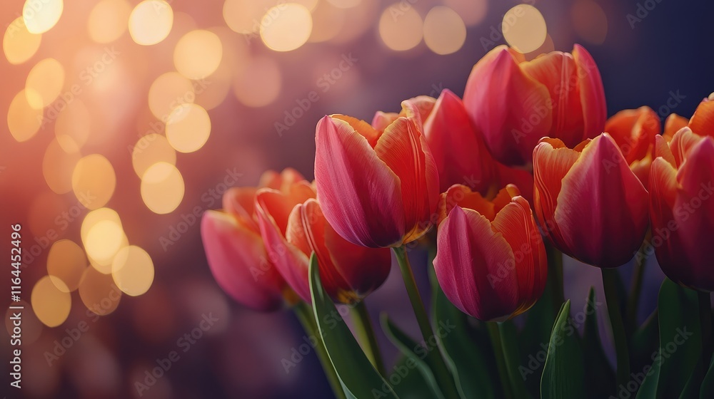 Poster vibrant heart shaped tulip bouquet with soft bokeh background creating a romantic and warm atmospher