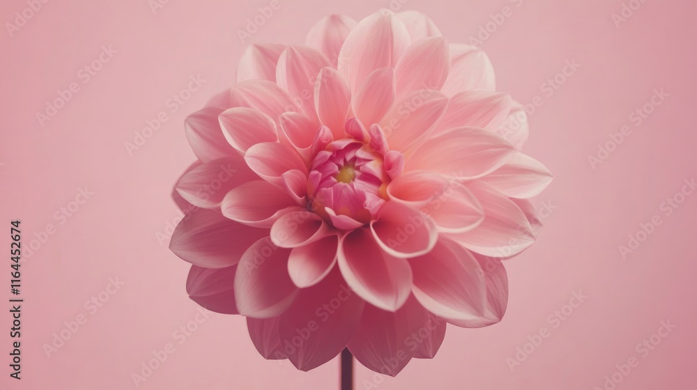 Poster close up macro of a delicate pink dahlia flower with soft petals against a light pink background in 