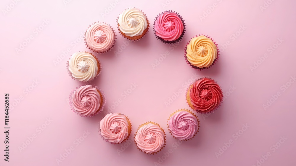 Poster colorful assortment of beautifully frosted cupcakes arranged in a circular pattern on a soft pink ba