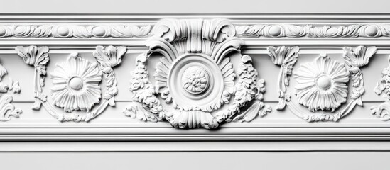 Fototapeta premium Elegant classic crown molding with intricate floral details highlighting various angles for interior design inspiration and renovation ideas.