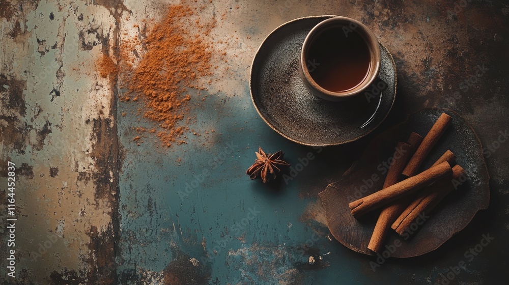Poster cinnamon sticks and powdered spice on rustic background with coffee cup and plate top view compositi