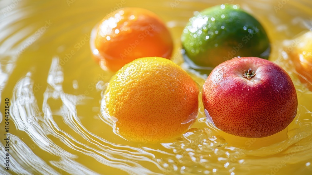 Poster citrus fruits floating in yellow water creating ripples and concentric circles refreshing and vibran