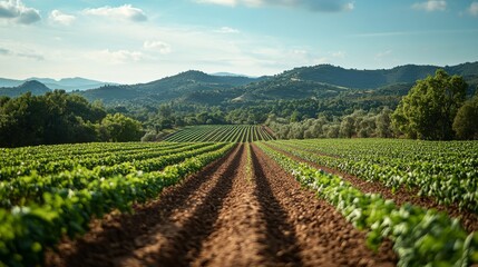Colorful vegetable farm surrounded by mountains on a sunny day