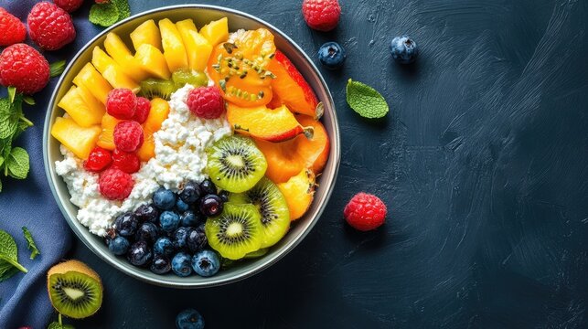 Bowl of cottage cheese topped with assorted fresh fruits and vibrant berries on a dark background