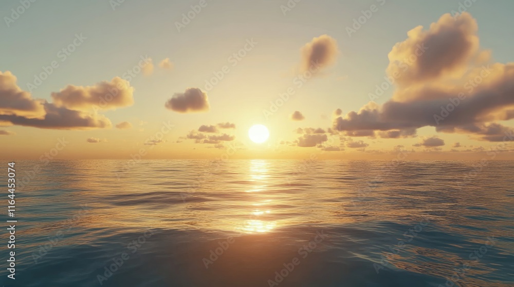 Poster tranquil seascape at sunset with calm waters and soft clouds creating a serene meditation background