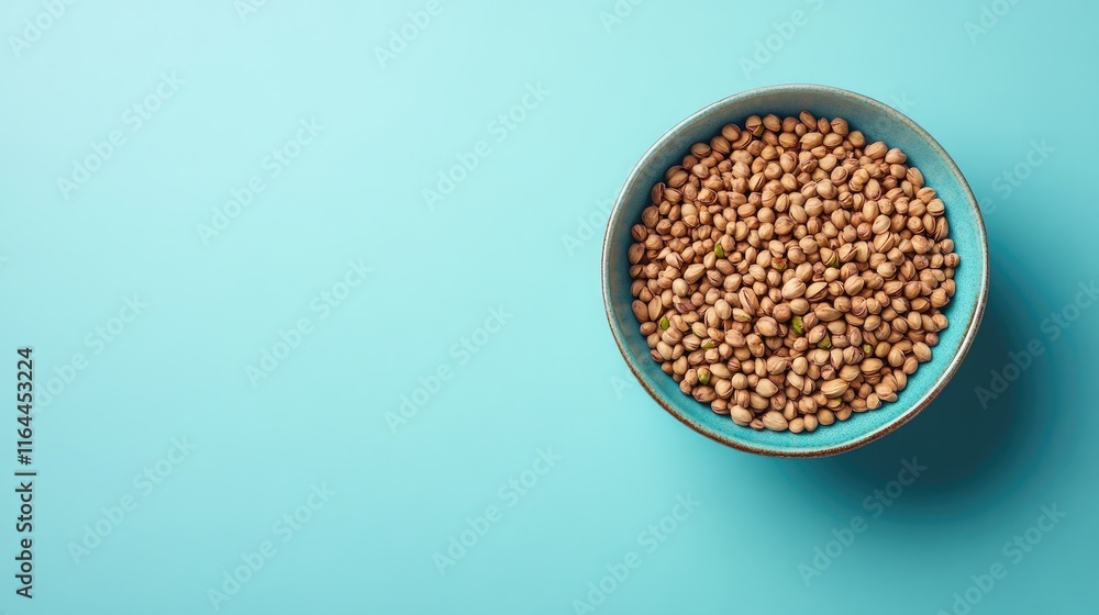 Poster bowl of salted pistachio nuts on turquoise background with space for text in aerial view setting for