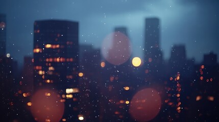Night cityscape with bokeh lights and rain creating a dreamy urban atmosphere in a blurred background setting