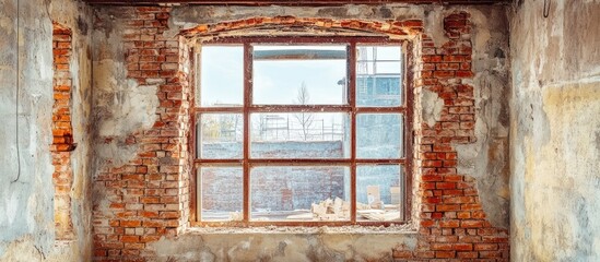 Brick window set in weathered walls highlighting architectural evolution and urban renewal in a...