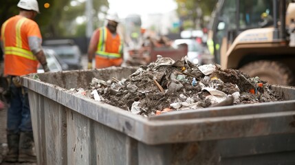 Close up of construction workers managing waste at a dumpster on an urban job site for efficient waste disposal and cleanup activities
