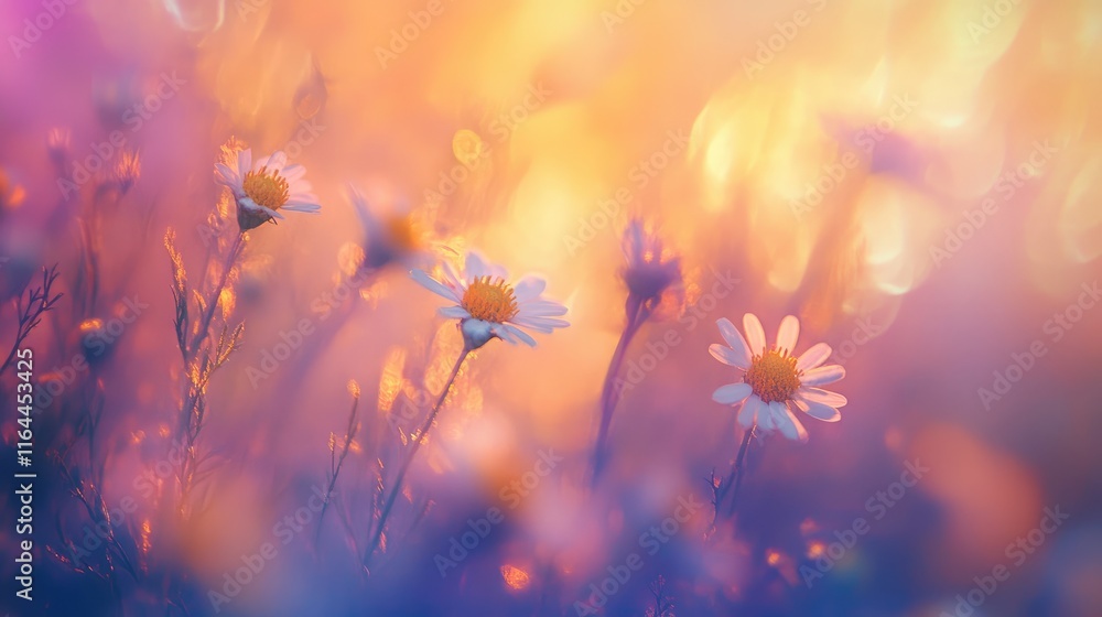 Poster delicate chamomile flowers in a dreamy bokeh setting with vibrant colors and shallow depth of field 
