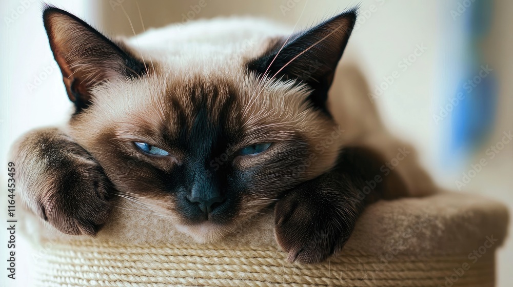 Poster close up of a resting siamese cat in a cozy environment with focus on its expressive features and sl