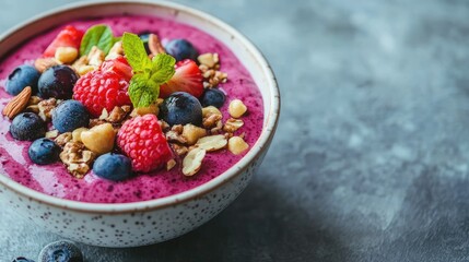 Colorful smoothie bowl topped with nuts fresh berries and mint leaves on gray stone background healthy dessert concept