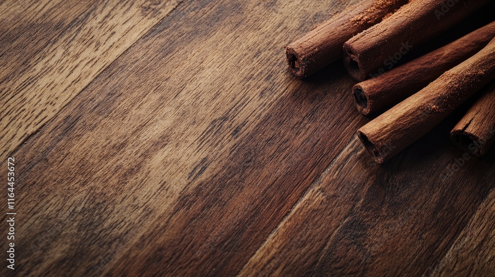 Poster cinnamon sticks arranged on rustic wooden surface ideal for baking and beverages textured background