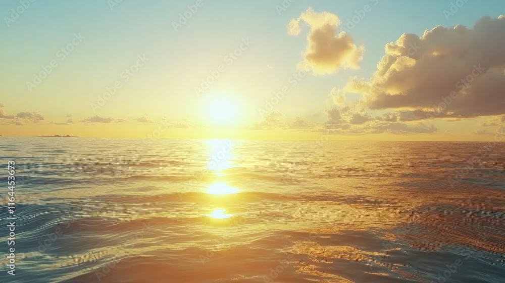 Poster tranquil ocean waves reflecting a golden sunrise with soft clouds in a clear sky creating a serene a