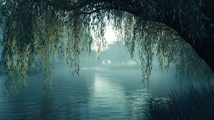 A tranquil landscape featuring a calm body of water surrounded by lush green foliage. Willow branches hang gracefully over the water, creating a serene atmosphere. In the background, a faintly visible