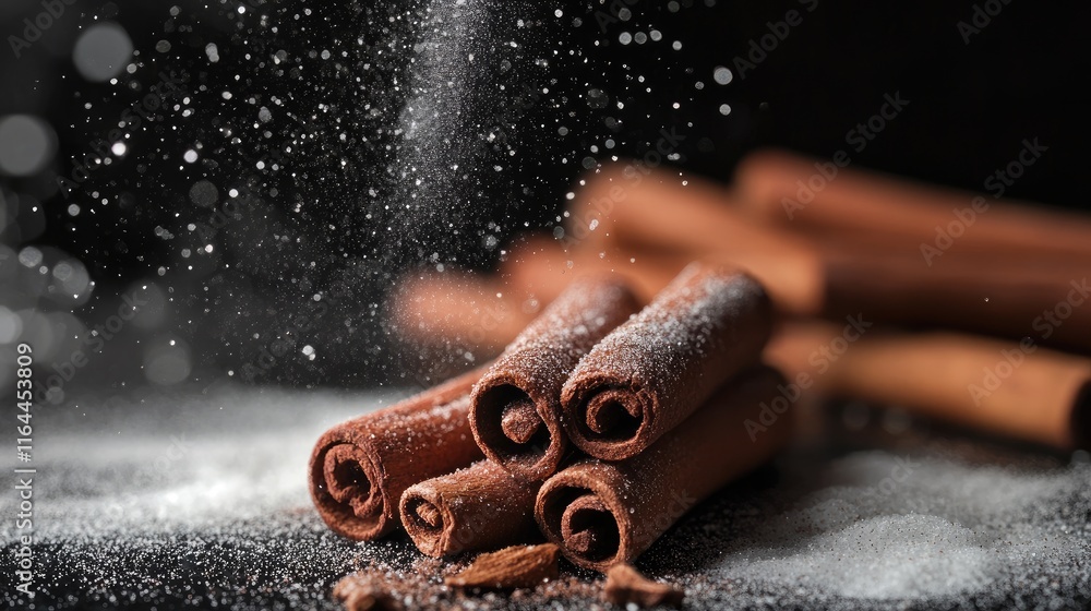 Poster cinnamon sticks with powdered sugar on a dark background creating an elegant culinary atmosphere for