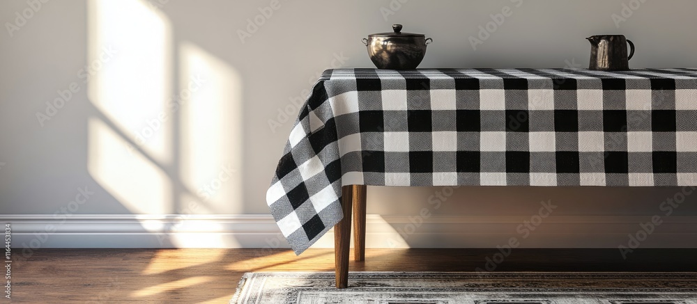 Poster checkered tablecloth on a vacant table with shadows creating a cozy setting perfect for product disp