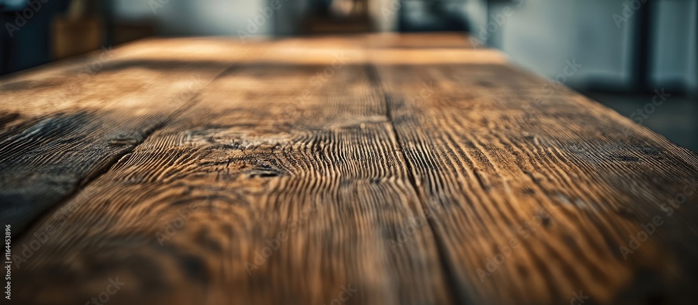 Poster close up of a rustic wooden table highlighting texture with a blurred background perfect for home de