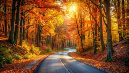 Autumnal Road Winding Through a Sunlit Forest of Golden and Orange Leaves