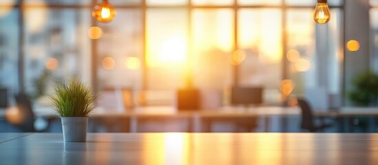 Modern office interior with large windows and bokeh lighting, showcasing vibrant design elements for creative workspaces and inspiration.