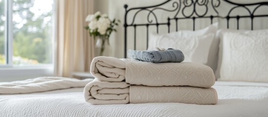 Cozy layered blankets on a white bed with a decorative black wrought iron headboard ideal for stylish interior design inspiration