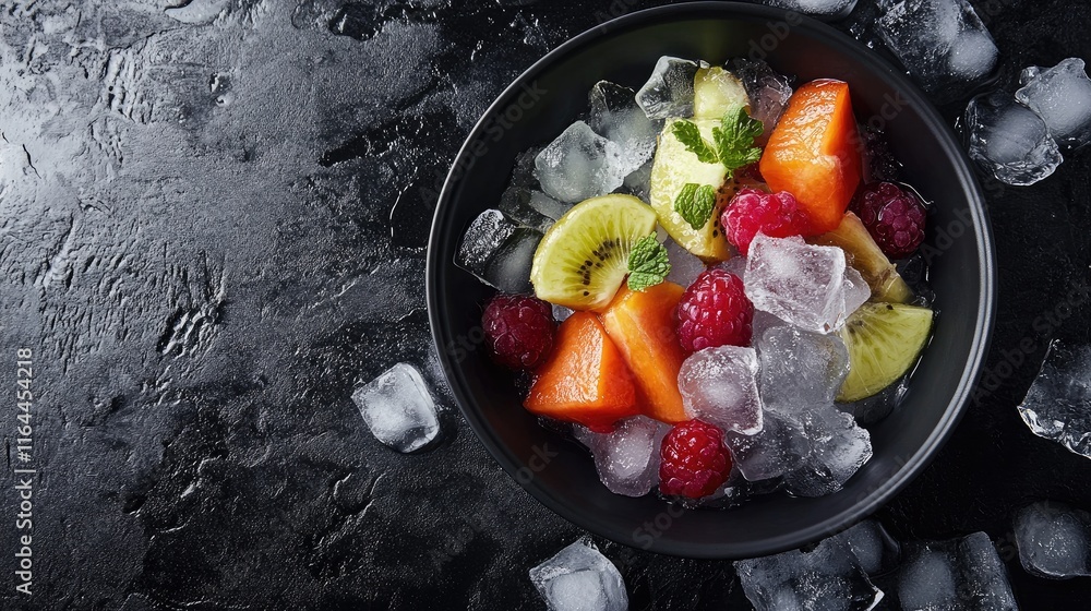 Poster bowl of colorful fresh fruits surrounded by ice cubes on dark textured background for refreshing sum