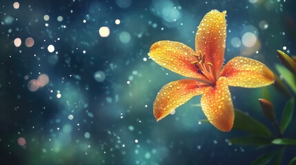 Vibrant close up of a yellow and orange flower adorned with raindrops against a dreamy bokeh background showcasing nature's beauty.