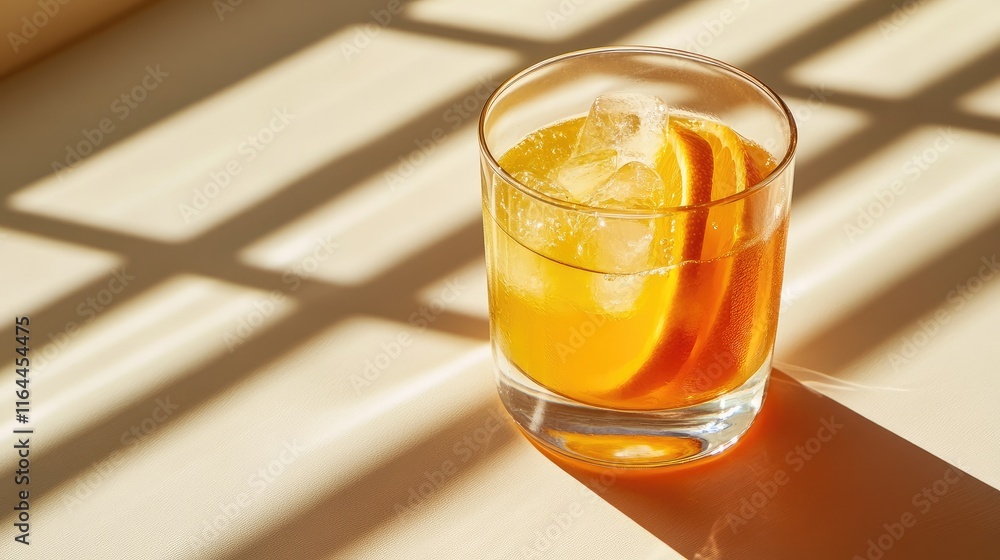 Poster citrus juice with ice in a glass garnished with orange slices illuminated by harsh sunlight and long