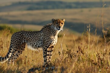 Cheetah in golden grassland landscape