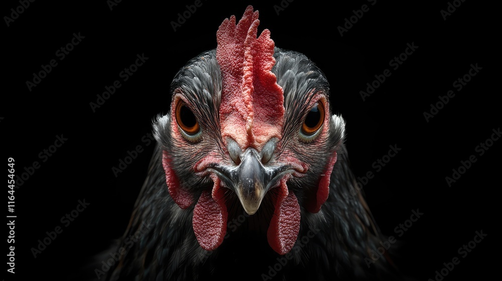 Poster close up portrait of a chicken displaying intricate features and textures against a dark background 