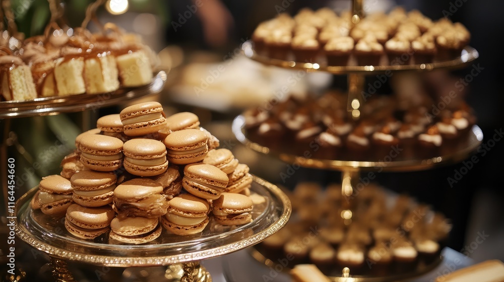 Poster caramel macarons elegantly arranged on a decorative display stand with assorted desserts in a sophis
