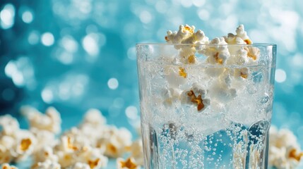 Carbonated water with popcorn in a glass against a shimmering blue background