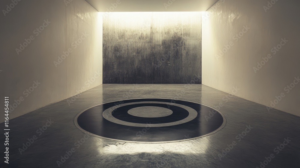 Poster modern minimalist interior featuring a circular design element on the floor with soft lighting and t