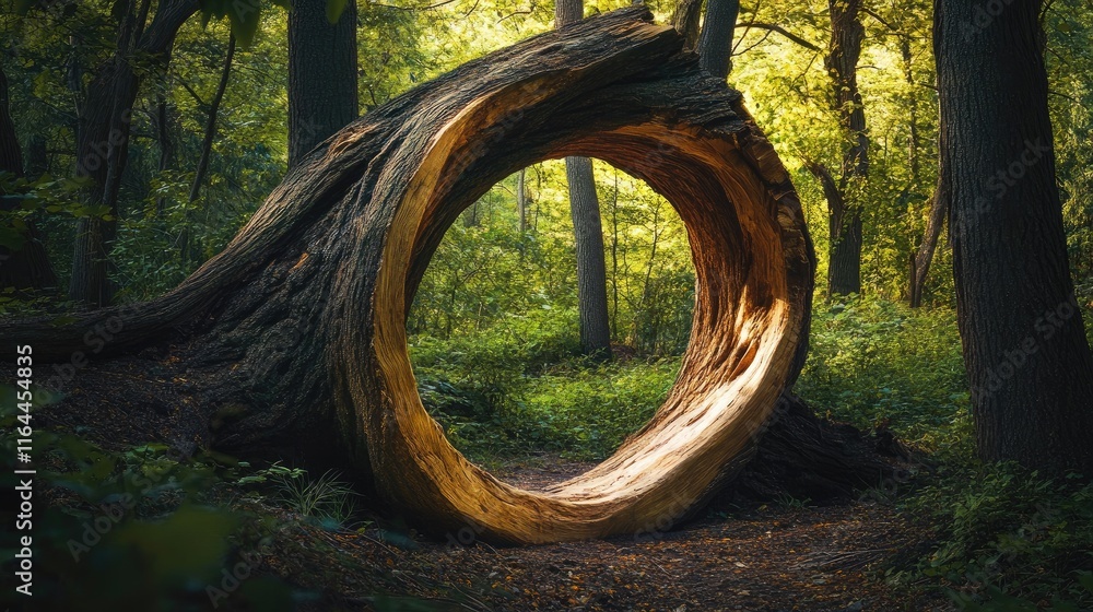 Poster circular tree trunk opening in a lush forest setting showcasing nature's unique formations and vibra