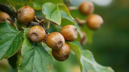 Cobnut tree branches displaying autumn foliage and ripe hazelnuts in a natural setting, highlighting seasonal beauty and botanical detail.