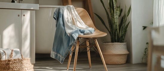 Casual vintage jeans and classic t-shirt displayed on a wooden chair in a modern bathroom with plants and natural light guidance
