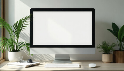Fototapeta premium Workstation Mockup with copy space. Blank computer screen on modern desk with plants and copy space for design