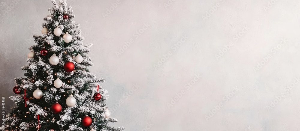 Poster Festively decorated Christmas tree with red and white ornaments in a modern apartment creating a warm holiday ambiance for seasonal celebrations