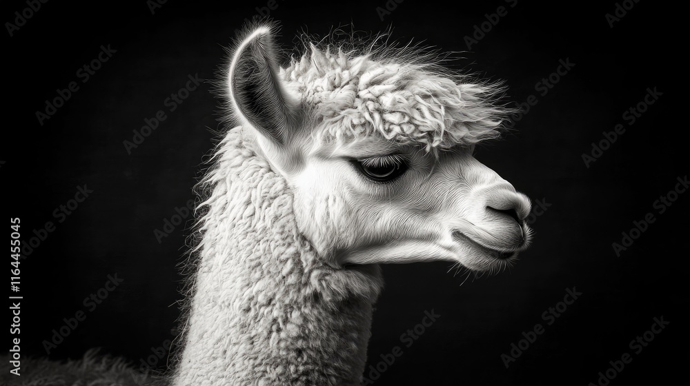 Poster black and white portrait of an alpaca showcasing its unique features and gentle expression against a