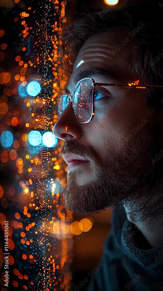 Poster programmer studying quantum internet model on transparent display with twinkling city lights in back