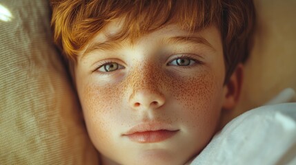 Cozy closeup portrait of a freckled child gazing gently at the camera in a warm indoor setting with soft natural lighting