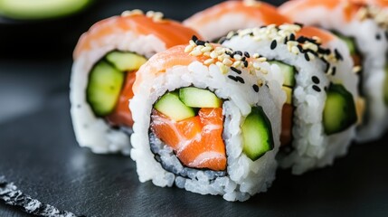 California roll with salmon avocado and cucumber served on a black slate background showcasing culinary elegance and sushi craftsmanship
