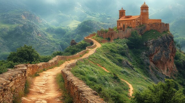 Majestic mountain monastery perched on rocky terrain with winding path surrounded by lush greenery