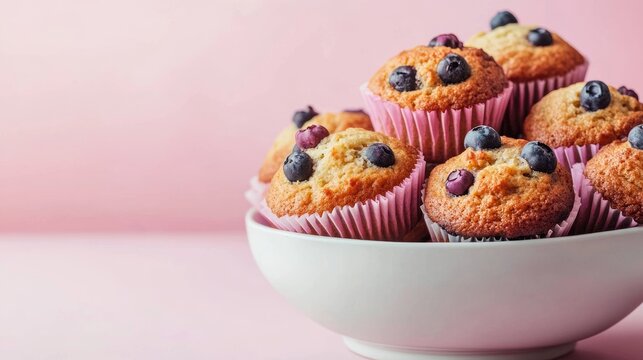 Bowl of blueberry muffins on soft pastel pink background Fresh homemade baked goods concept