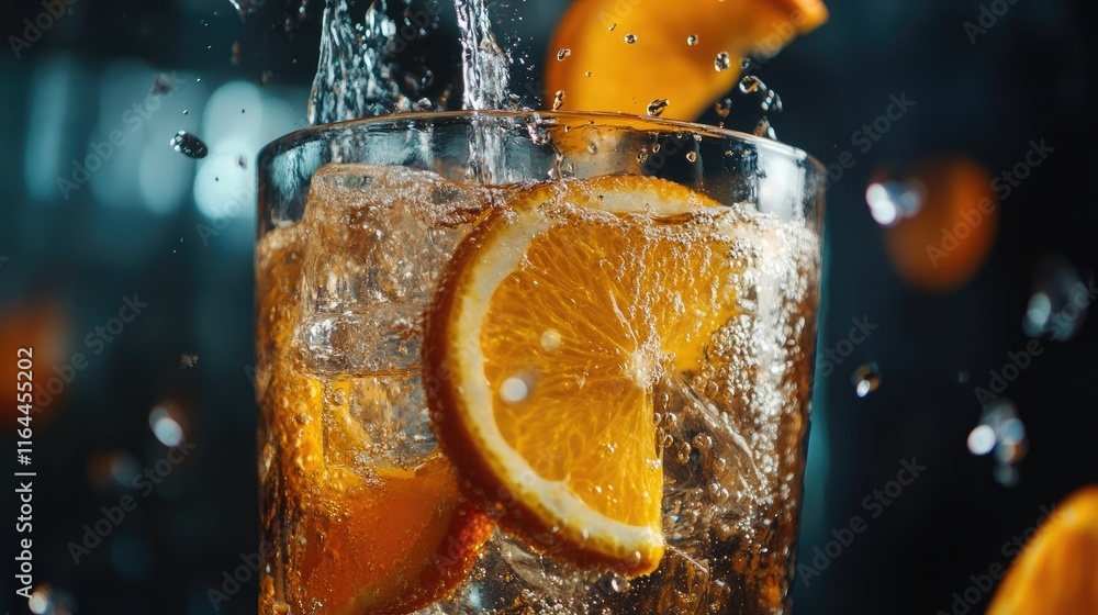 Poster refreshing cocktail with orange slices and splashing water in a close-up shot showcasing vibrant col
