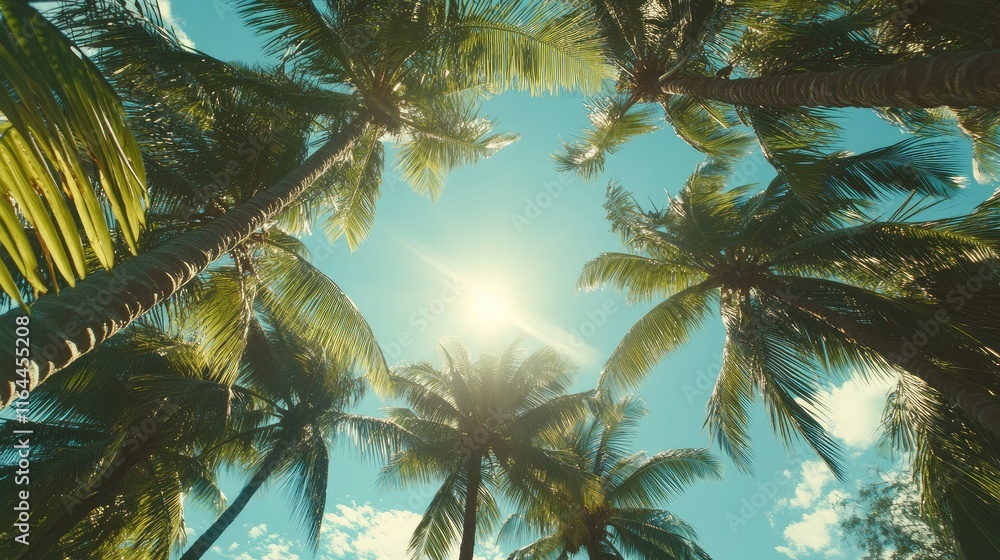 Aufkleber camera view of tall coconut trees with sunlight filtering through branches against a bright blue sky